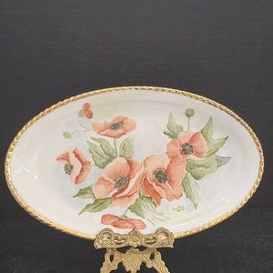 Signed Joy Reed Hand Painted White Oval Plate Orange Poppies Gold Edge